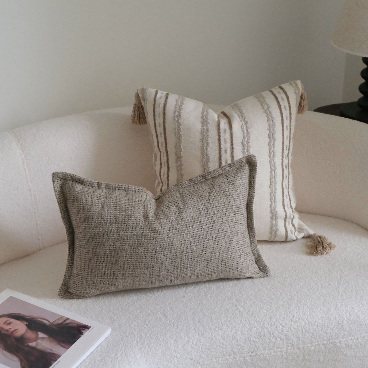 Caramel wabi-sabi textured cushion on a sofa