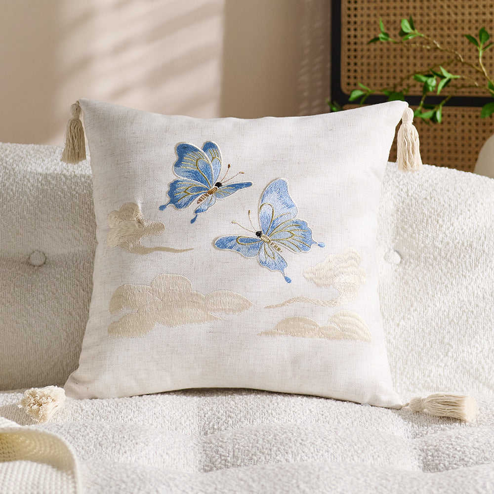Blue Butterfly embroidered tassel cushion, 45 × 45 cm
